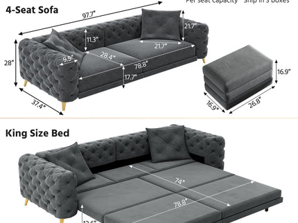 3 In 1 Convertible Sleeper, Deep Seat Pull Out Sofa Bed, Button Tufted