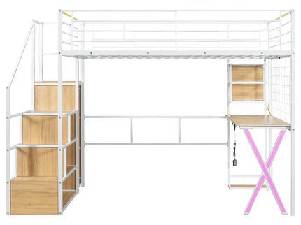 Loft Bed With Built In Work Station, Wardrobe, Storage Staircase And LED