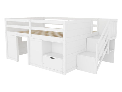 Low Loft Bed Frame With Built In Stairs, Storage Drawer, Shelf And 7 Color LED Light