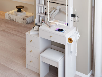 Cabinet Vanity Table & Cushioned Stool, USB Power Station, Hair Dryer Bracket - White