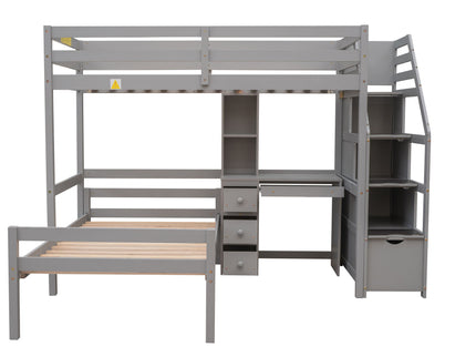 Loft Bed With Stand Alone Bed, Storage Staircase, Desk, Shelves, And Drawers