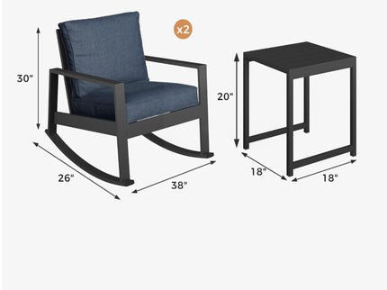 Outdoor Rocking Bistro Set Of 3, Oversized Rocking Chairs With Cushions And Side Table - Black / Blue