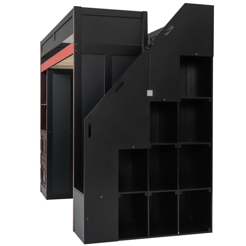 Gaming Loft Bed With Desk And Storage, LED Lights