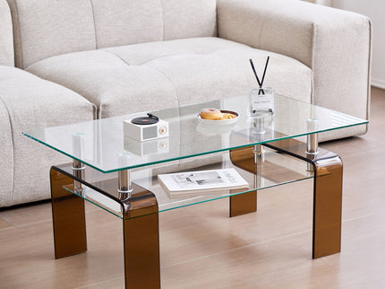 Modern Tempered Glass Coffee Table With 2 Tier Storage For Living Room