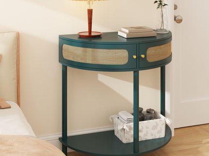 Boho Rattan Semi Circle End Table With Sliding Rattan Door, Storage And Bottom Shelf