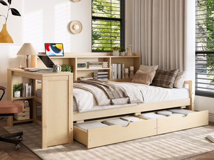 Corner Daybed With Storage Drawers, Desk, Charging Port & Bookcase