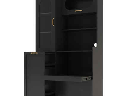 Tall Freestanding Kitchen Pantry Cabinet With Arched Glass Door