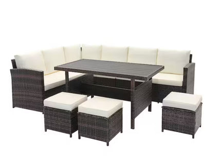 7 Piece Outdoor Dining Set With Cushions, Modular Sectional Sofa And Table