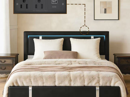 Upholstered Platform Bed Frame With Adjustable LED Headboard, USB C-Charging, Hydraulic Lift