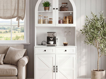 Tall Arched Pantry Cabinet With Charging Station, Adjustable Shelves, Coffee Bar