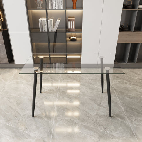 Modern Minimalist Rectangular Glass Dining Table With Tempered Glass Top Metal Legs, For 4 - 6 - Transparent