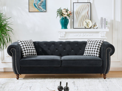 Chesterfield Upholstery Fabric Sofa With Roll Armrest & Nailhead, Mid Century Modern 3 And 3 Seater Couch