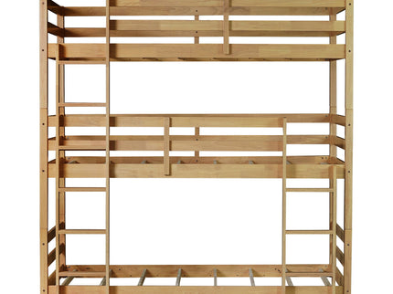 Twin Over Twin Over Twin Triple Bunk Bed With 2 Built In Ladders, Guardrails - Natural