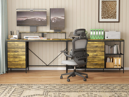 Industrial L Shaped Computer Desk With Power Outlets & USB-C, 6 Fabric Drawers, 3 Open Shelves, Movable Monitor Stands - Brown