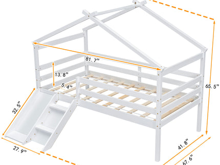 Low Loft House Bed With Slide, Ladder, Safety Guardrails, House Roof Frame