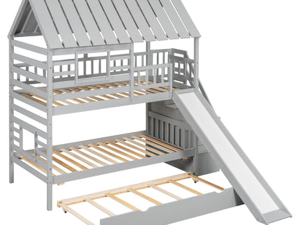 House Bunk Bed With Trundle, Storage Staircase, Roof And Window Design