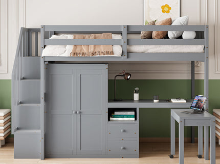 Loft Bed With Stairs, Bookshelf, Drawers, Desk & Wardrobe, Space Saving Multifunctional Furniture