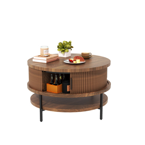 Flip-Top Round Coffee Table With Storage - Brown