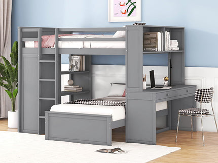 Loft Bed With A Twin Size Standalone Bed, Shelves, Desk, And Wardrobe