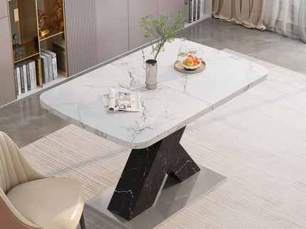 Rectangle Dining Table With Stretchable Top, X Shape Mdf Legs With Steel Base - White / Black
