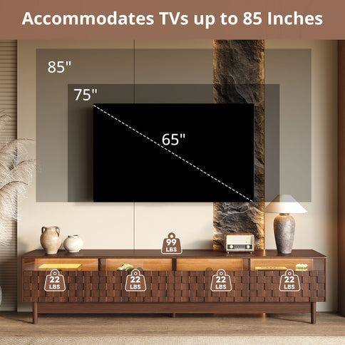 TV Stand With LED Lights And Glass Drawers For Living Room - Walnut