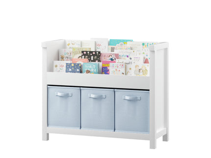 Bookshelf With 3 Tier Front Facing Storage And 3 Bins, Toddler Bookcase For Playroom - White