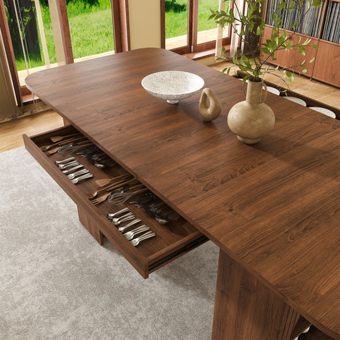 Dining Set With 4 Chairs, Table With Drawers & Open Shelf - Walnut