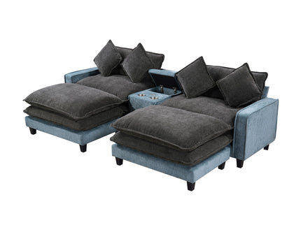 Sectional Sofa With Removable Ottomans, USB Ports, Cup Holders & Storage - Gray / Light Blue