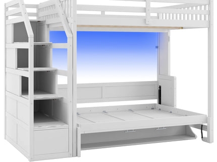 Full Long Loft Bed With Storage Staircase, Murphy Bed, LED Light - White
