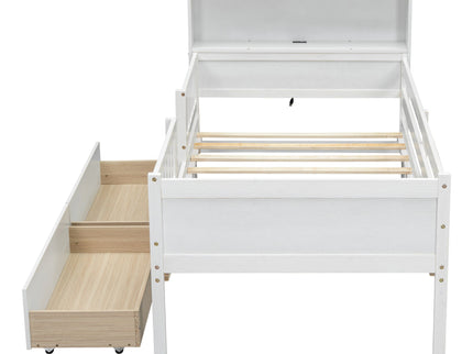 Platform Bed With LED Light, Multi Functional Headboard, Guardrail And 2 Drawers