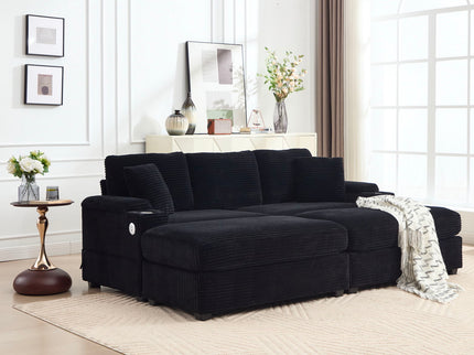 Convertible Sectional Sofa Bed Set With Armrest Storage, Cup Holder, USB - Black