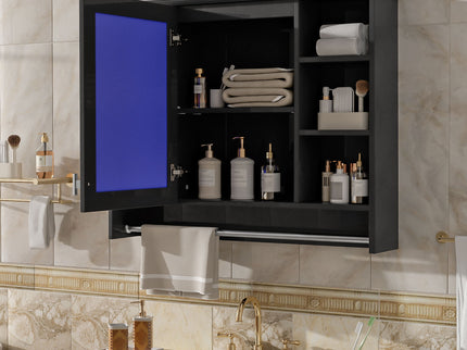 Modern Wall Mounted Mirror Cabinet With Adjustable Shelf, Soft Close Door, And Towel Bar