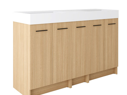Double Sink Bathroom Vanity With Extra Large Storage, Integrated Sink, Freestanding Cabinet, Soft Close Doors - Glossy White / Light Oak