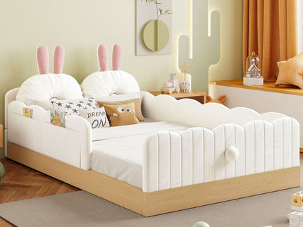 Platform Bed With Animal Pillows And Storage Bags