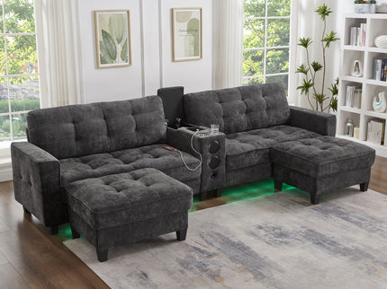 Modern Sectional Sofa U-Shaped With Movable Ottomans, tooth Speakers, LED Lights And Modular Storage