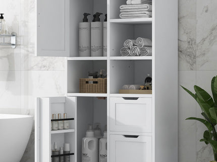 Freestanding Bathroom Storage Cabinet With Doors And Drawers, Adjustable Shelf, Open Shelves - White