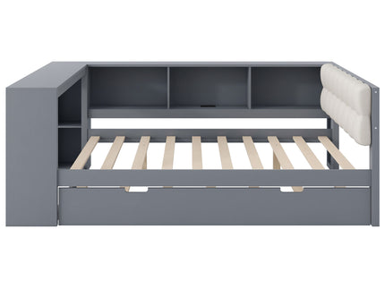 Upholstered Headboard Platform Bed With Storage Shelves, Trundle, Charging Station