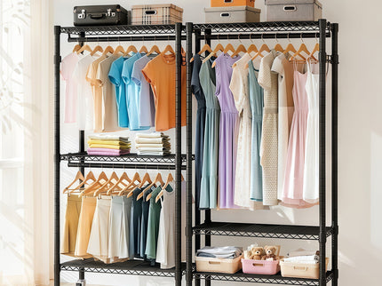 Heavy Duty Rolling Clothes Rack With 3 Tier Shelves, 2 Rails & Side Hooks, Adjustable Freestanding Organizer Metal - Black