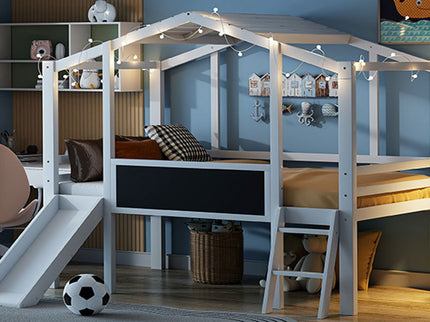 Loft House Bed With Ladder And Slide, With board And Light Strip On The Roof