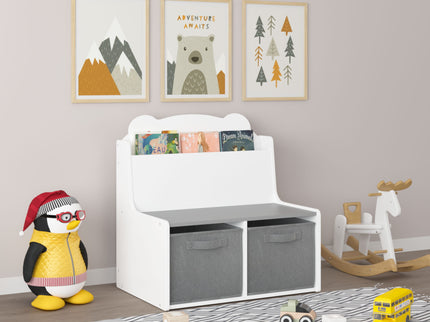 Bookshelf With Storage Bins, Bookcase With Book Display Shelf And 2 Bins, Cute Bear Shaped Backboard, Toy Organizer - White