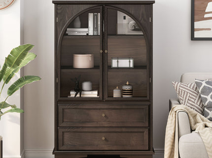 Glass Door Display Case With 2 Drawers And Adjustable Shelf