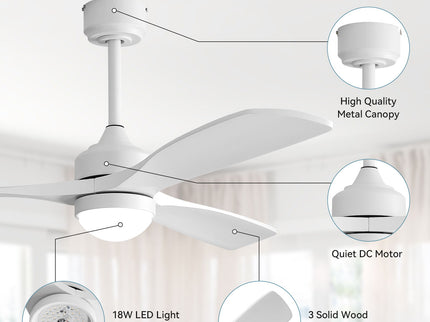 52" Ceiling Fan With Dimmable LED Light, 6 Speed DC Motor, 3 Blades