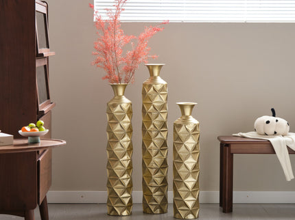 Metal Decorative Vase High Distress Metal Center Vase With 3D Triangle Pattern, (Set of 3) Vases For Home Decoration - Gold
