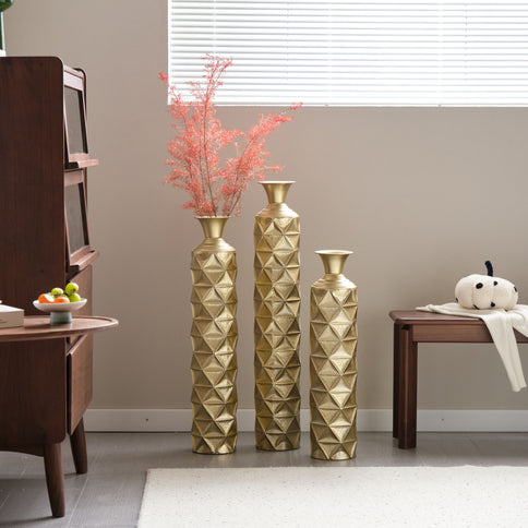 Metal Decorative Vase High Distress Metal Center Vase With 3D Triangle Pattern, (Set of 3) Vases For Home Decoration - Gold