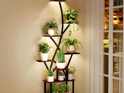 Plant Stand Indoor With Grow Light, 8 Tiered Tall Indoor Plant Shelves For Multiple Plants - Walnut / Black