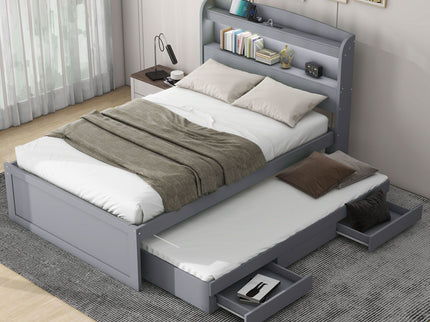 Platform Bed With LED Headboard, Charging Station, Trundle And 2 Drawers