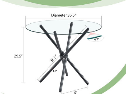 Modern Circular Transparent Tempered Glass Round Table With Metal Legs 36.6" Diameter - Silver / Transparent
