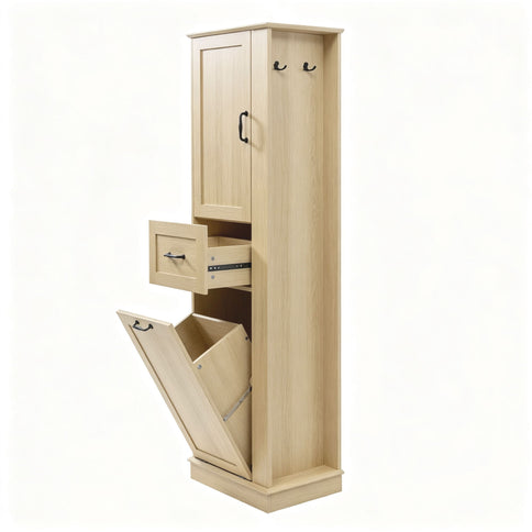 Tall Storage Cabinet With Tilt Out Compartment, Adjustable Shelves, Soft Close Hinges - Natural