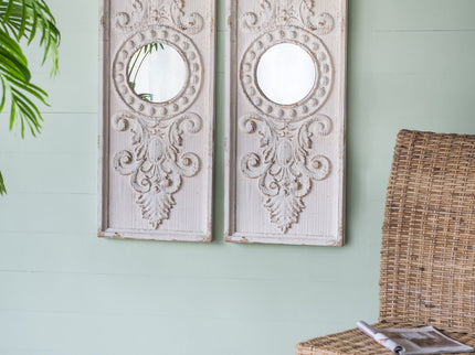 Large Wooden Wall Art Panels With Distressed Round Mirror Accents (Set of 2) - White