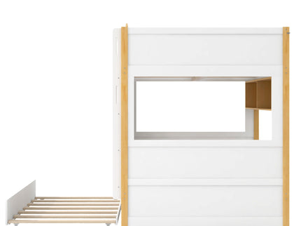 Full Over Full Bunk Bed With Storage Shelves And Trundle - White / Natural
